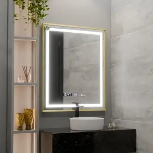 Oglinda LED Rectangulara, 75x90cm, Premium Verite Royale Gold MotionGlow Marcello, Sistem Dezaburire, Ceas & Termometru, Dimabila