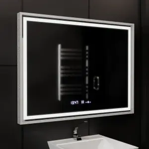 Oglinda LED Rectangulara, 80x60cm, Premium Verite Imperial Silver Motion Glow Marcello, Sistem Dezaburire, Ceas & Termometru, Dimabila
