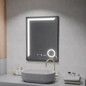 Oglinda LED Senzor Premium MotionGlow Francesca, 60x80cm, Lumina Calda/Rece/Neutra Dimabila Rama Negru Brushed Sistem Dezaburire Termometru Ceas