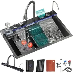 Chiuveta Smart Premium cu Afisaj Digital 45x75cm, Doua Cascade, Baterie Multifunctionala, Accesorii Integrate, Spalator Pahar, Dozator, Tocator, Anti-Zgarieturi