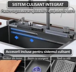 Chiuveta Smart Premium cu Afisaj Digital 45x75cm, Doua Cascade, Baterie Multifunctionala, Accesorii Integrate, Spalator Pahar, Dozator, Tocator, Anti-Zgarieturi - Img 5