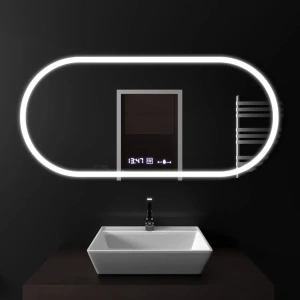 Oglinda LED Ovala, 80x50cm, Premium Altera Senzor MotionGlow Marcello, Sistem Dezaburire, Ceas & Termometru, Dimabila - Img 1