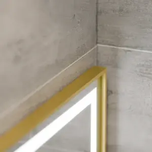 Oglinda LED Rectangulara, 80x60cm, Premium Eclat MotionGlow Marcello, Sistem Dezaburire, Ceas & Termometru, Lupa Cosmetica, Dimabila, Rama Auriu Brushed - Img 3