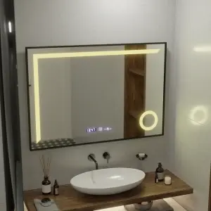 Oglinda LED Senzor MotionGlow Premium Sofia, 110x75 cm, Dezaburire Termometru Ceas, Lumina Calda/Rece/Neutra Dimabila,Rama Negru Brushed - Img 3
