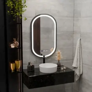 Oglinda LED Senzor Premium Helmut, 50x80 cm, Sistem Dezaburire, Ceas si Temperatura, Rama Negru Brushed Marcello Funghi