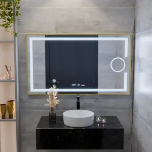 Oglinda LED Rectangulara, 110x65cm, Premium Eclat MotionGlow Marcello, Sistem Dezaburire, Ceas & Termometru, Lupa Cosmetica, Dimabila, Rama Auriu Brushed - Img 6
