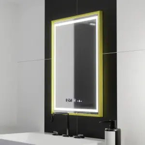 Oglinda LED Rectangulara, 50x70cm, Premium Verite Royale Gold Motion Glow Marcello, Sistem Dezaburire, Ceas & Termometru, Dimabila