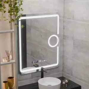 Oglinda LED Rectangulara, 75x90cm, Premium Eclat MotionGlow Marcello, Sistem Dezaburire, Ceas & Termometru, Lupa Cosmetica, Dimabila