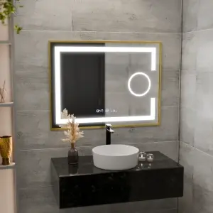 Oglinda LED Rectangulara, 80x60cm, Premium Eclat MotionGlow Marcello, Sistem Dezaburire, Ceas & Termometru, Lupa Cosmetica, Dimabila, Rama Auriu Brushed