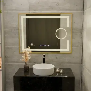 Oglinda LED Rectangulara, 80x60cm, Premium Eclat MotionGlow Marcello, Sistem Dezaburire, Ceas & Termometru, Lupa Cosmetica, Dimabila, Rama Auriu Brushed - Img 2