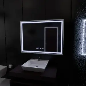 Oglinda LED Rectangulara, 80x60cm, Premium Verite Imperial Silver Motion Glow Marcello, Sistem Dezaburire, Ceas & Termometru, Dimabila - Img 4