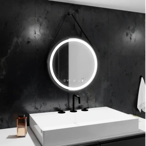 Oglinda LED Rotunda, 50cm, Premium Celeste Majeste Noir Eleve MotionGlow Marcello, Sistem Dezaburire, Ceas & Termometru, Dimabila