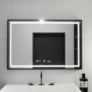 Oglinda LED Rectangulara, 100x80cm, Premium Verite Majeste Noir MotionGlow Marcello, Sistem Dezaburire, Ceas & Termometru, Dimabila