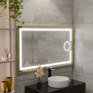 Oglinda LED Rectangulara, 120x80cm, Premium Eclat MotionGlow Marcello, Sistem Dezaburire, Ceas & Termometru, Lupa Cosmetica, Dimabila, Rama Auriu Brushed - Img 2