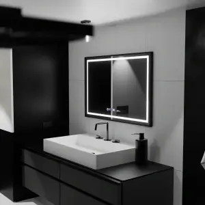 Oglinda LED Rectangulara, 120x80cm, Premium Verite Majeste Noir Motion Glow Marcello, Sistem Dezaburire, Ceas & Termometru, Dimabila