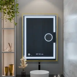 Oglinda LED Rectangulara, 60x80cm, Premium Eclat MotionGlow Marcello, Sistem Dezaburire, Ceas & Termometru, Lupa Cosmetica, Dimabila, Rama Auriu Brushed - Img 4