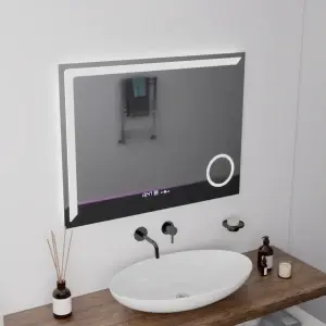 Oglinda LED Rectangulara, 80x60cm, Premium Precision MotionGlow Marcello, Sistem Dezaburire, Ceas & Termometru, Lupa Cosmetica, Dimabila