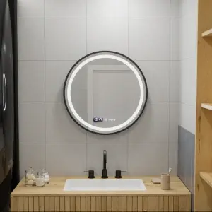 Oglinda LED Rotunda, 60cm, Premium Celeste Majeste Noir MotionGlow Marcello, Sistem Dezaburire, Ceas & Termometru, Dimabila