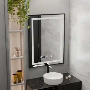 Oglinda LED Rectangulara, 60x80cm, Premium Verite Majeste Noir Motion Glow Marcello, Sistem Dezaburire, Ceas & Termometru, Dimabila