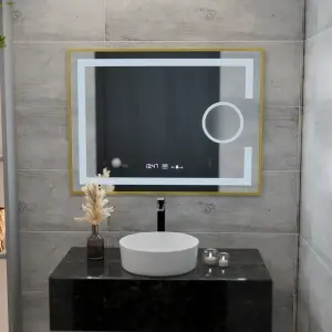 Oglinda LED Rectangulara, 80x60cm, Premium Eclat MotionGlow Marcello, Sistem Dezaburire, Ceas & Termometru, Lupa Cosmetica, Dimabila, Rama Auriu Brushed - Img 4