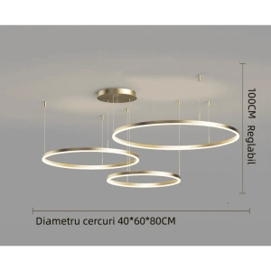 Lustra LED aurie 3 cercuri 80cm+60cm+40cm cu telecomanda Wifi 2.4G - Img 2