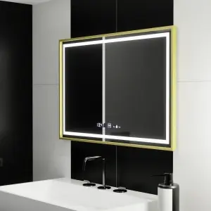 Oglinda LED Rectangulara, 100x65cm, Premium Verite Royale Gold Motion Glow Marcello, Sistem Dezaburire, Ceas & Termometru, Dimabila - Img 3