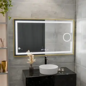Oglinda LED Rectangulara, 120x80cm, Premium Eclat MotionGlow Marcello, Sistem Dezaburire, Ceas & Termometru, Lupa Cosmetica, Dimabila, Rama Auriu Brushed