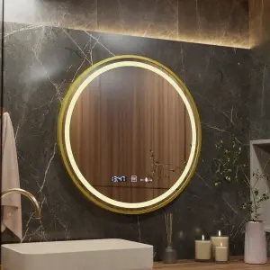 Oglinda LED Rotunda, 60cm, Premium Celeste Royale Gold Eleve MotionGlow Marcello, Sistem Dezaburire, Ceas & Termometru, Dimabila, Curea Detasabila - Img 5