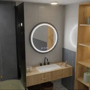 Oglinda LED Rotunda, 70cm, Premium Celeste Majeste Noir MotionGlow Marcello, Sistem Dezaburire, Ceas & Termometru, Dimabila - Img 4