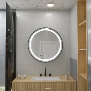 Oglinda LED Rotunda, 80cm, Premium Celeste Majesté Noir MotionGlow Marcello, Sistem Dezaburire, Ceas & Termometru, Dimabila - Img 1
