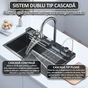 Chiuveta Smart Premium cu Afisaj Digital 45x75cm, Doua Cascade, Baterie Multifunctionala, Accesorii Integrate, Spalator Pahar, Dozator, Tocator, Anti-Zgarieturi - Img 2