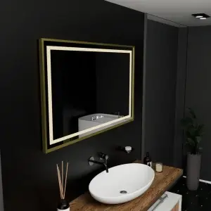 Oglinda LED Rectangulara, 100x80cm, Premium Verite Royale Gold Motion Glow Marcello, Sistem Dezaburire, Ceas & Termometru, Dimabila - Img 4