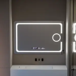 Oglinda LED Rectangulara, 110x75cm, Premium Eclat MotionGlow Marcello, Sistem Dezaburire, Ceas & Termometru, Lupa Cosmetica, Dimabila