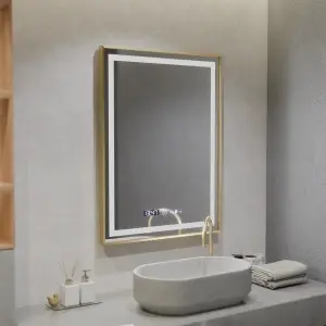 Oglinda LED Rectangulara, 60x80cm, Premium Verite Royale Gold MotionGlow Marcello, Sistem Dezaburire, Ceas & Termometru, Dimabila