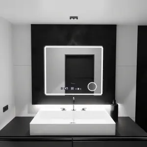 Oglinda LED Rectangulara, 90x75cm, Premium Riflesso MotionGlow Marcello, Sistem Dezaburire, Ceas & Termometru, Lupa Cosmetica, Dimabila