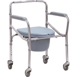 Scaun cu toaletă, ajustabil, pliabil, din oțel cromat și PVC, cu roți frână, lățime 44 cm, greutate maximă 100 kg