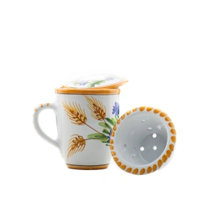 Cană cu infuzor din ceramică pictată manual - Flori de maci