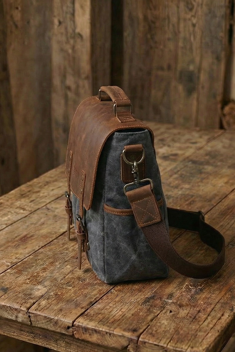 URBAN  Geantă de umăr din piele naturală și material textil cerat URBAN