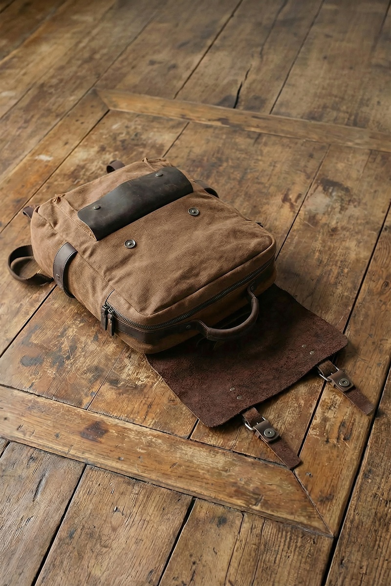 Rucsac din piele naturală și material textil pentru bărbați și