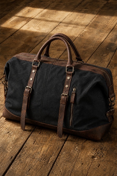 Geantă de voiaj duffle bag din piele naturală și material textil cerat URBAN BAG Verona – Negru