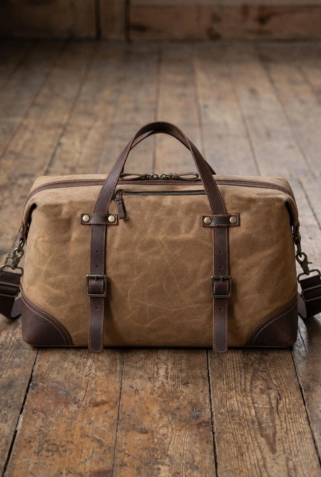 Geantă de voiaj duffle bag din piele naturală și material textil cerat URBAN BAG Savona - Maro - Img 3