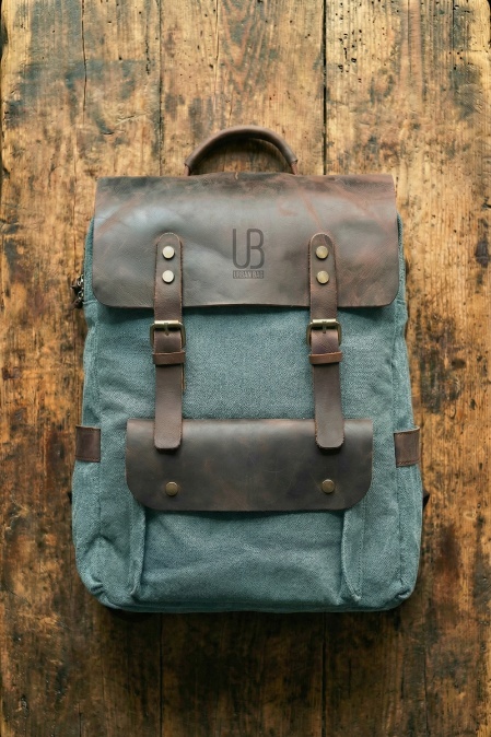 Rucsac din piele naturală și material textil pentru bărbați și femei URBAN BAG Otto – Bleu Ciel