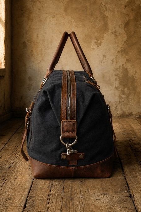 Geantă de voiaj duffle bag din piele naturală și material textil cerat URBAN BAG Verona – Negru - Img 2