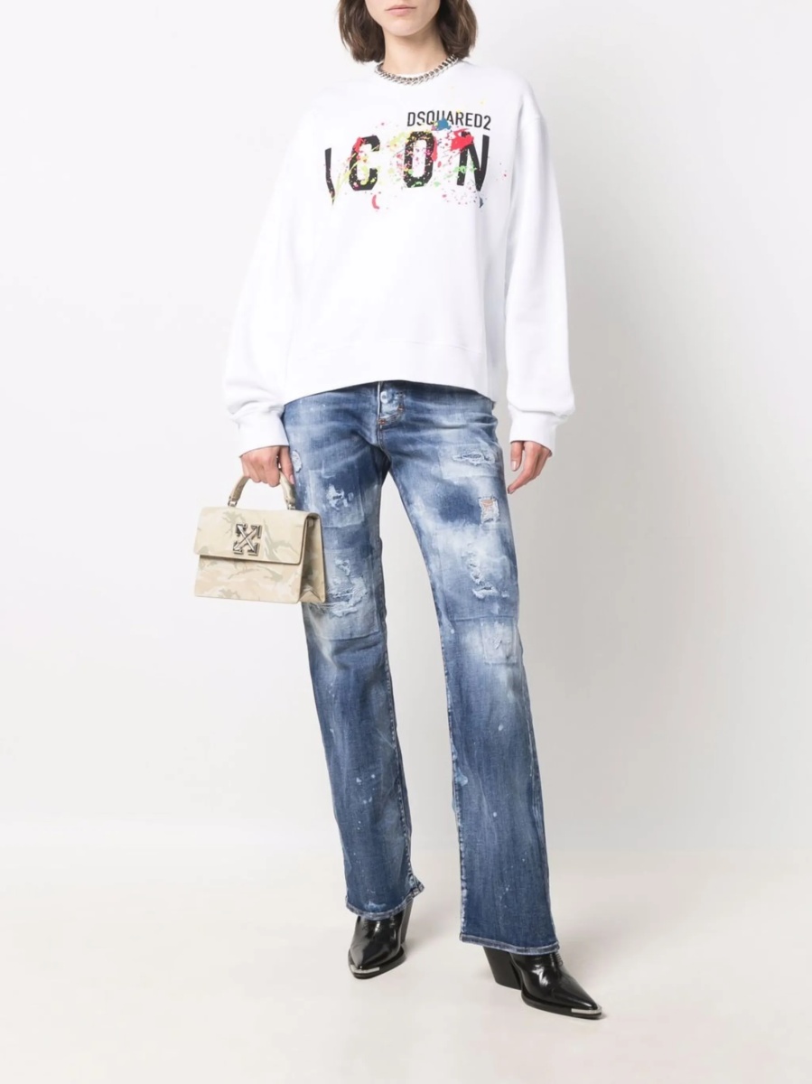 Blugi drepti DSQUARED2 albastri din bumbac si piele - Img 2