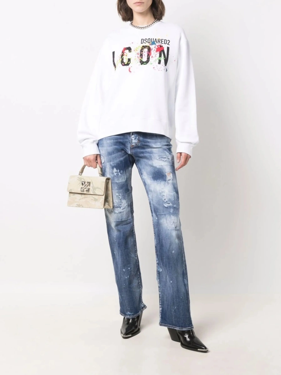 Blugi drepti DSQUARED2 albastri din bumbac si piele - Img 2