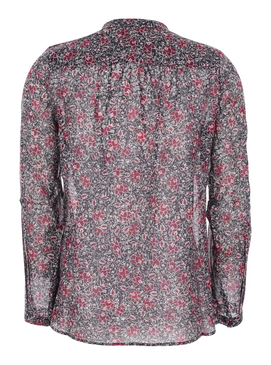 Bluza 'Maria' Purple Blouse with Serafino Neckline with Buttons and Floral Print in Cotton for Women - Img 2