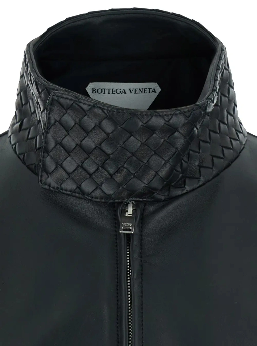 Bomber Black Bomber jacket with high collar with Intreccio design in leather for men - Img 3