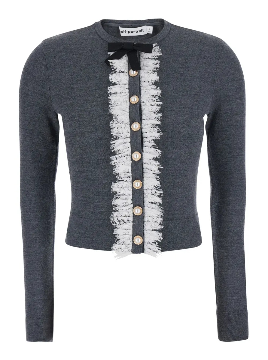 Cardigane Grey cardigan with lace collar in wool for women - Img 4