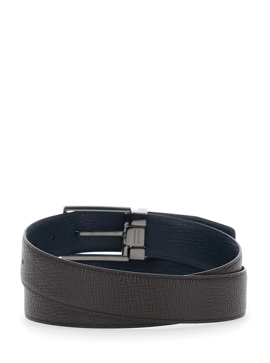 Curea Brown Reversible Belt with Gancini Buckle in Grained Leather Men - Img 2