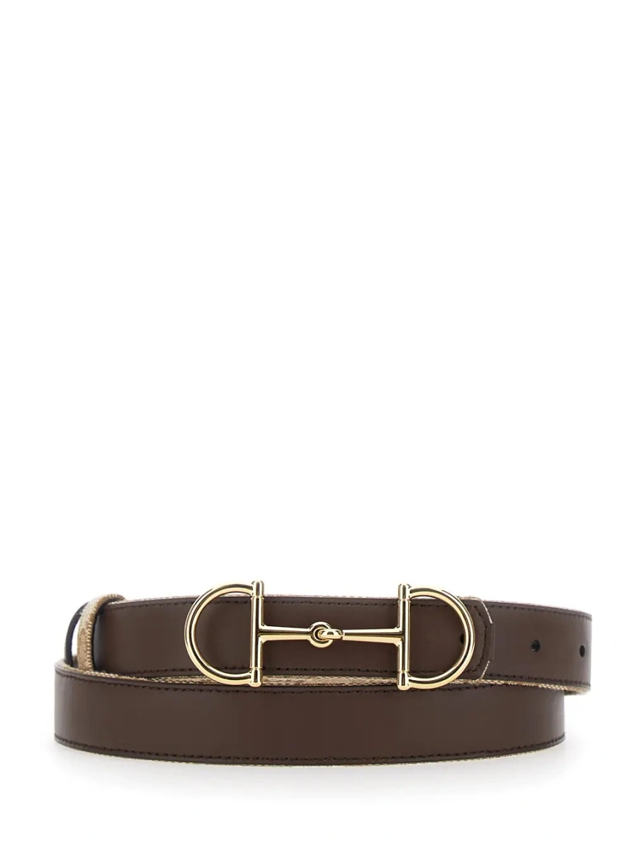 Curea Brown Reversible Belt with Horsebit Buckle in Leather and GG Canvas for Women - Img 3